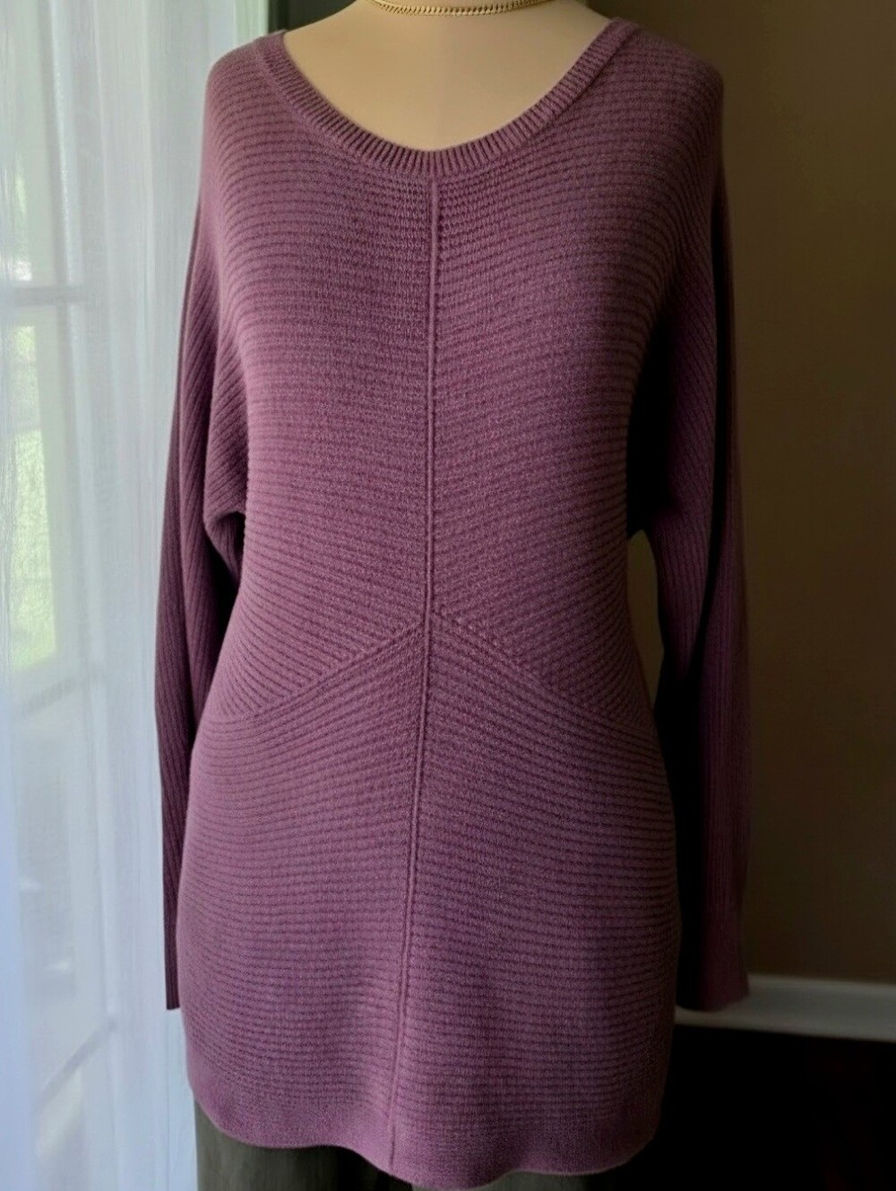 J. Jill Mauve Ribbed Knit Tunic Sweater Oversized V Neck Relaxed Pullover S